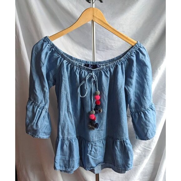 Francesa's BLUE RAIN 100% Tencel Chambray Off-Shoulder Crop Top Boho Poms Size M - Picture 7 of 7